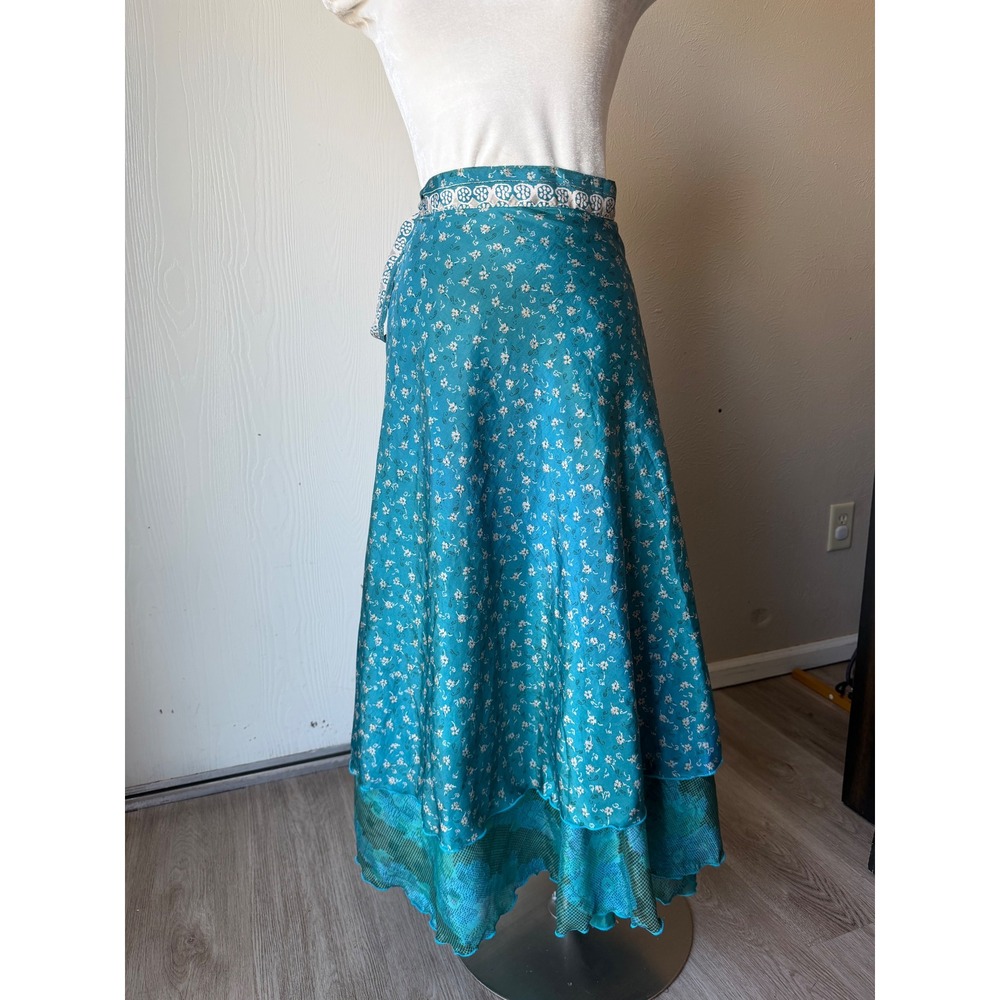 Wevez Silk Blend Magic Wrap Skirt Teal Floral Reversible Boho Maxi One Size L